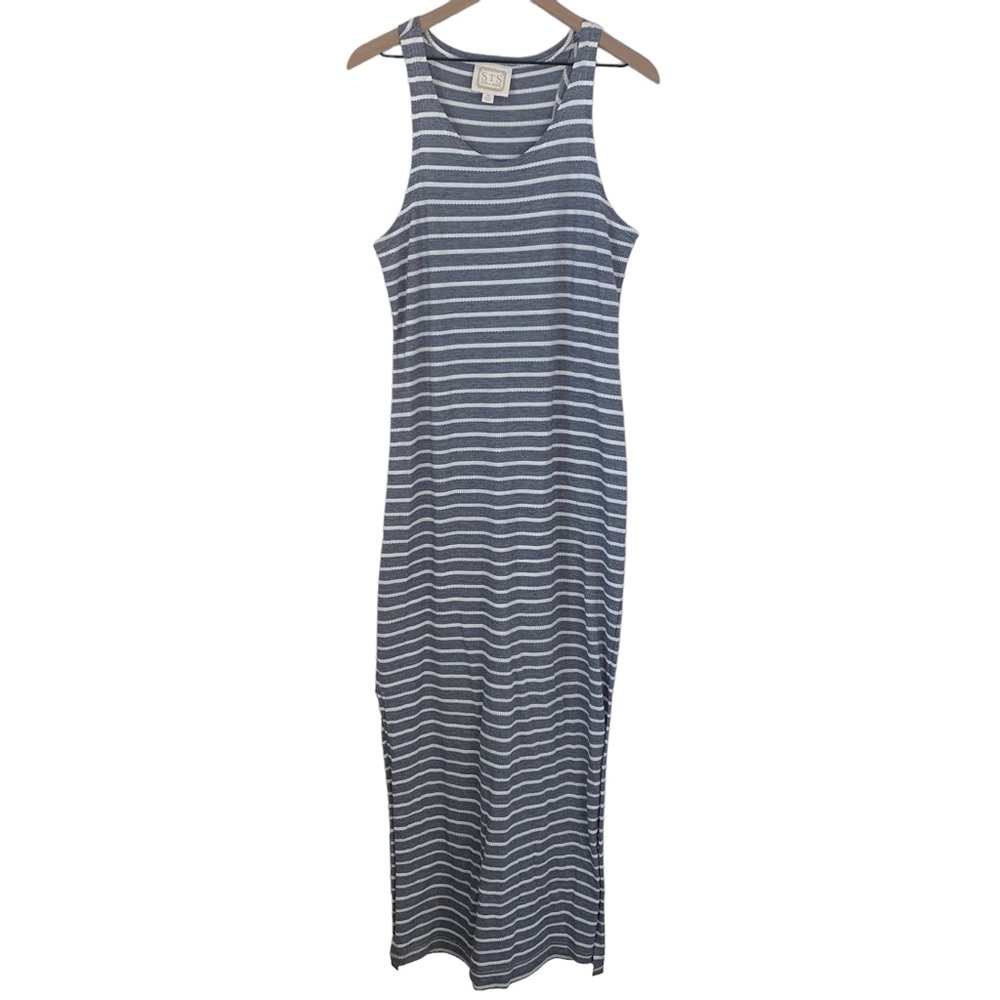 Sail to Sable Sleeveless Striped‎ Long Side Slits Maxi Dress Navy and White Tank